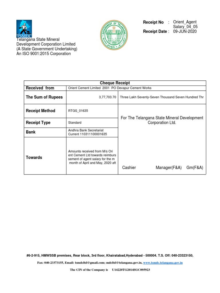 Telangana Mineral Corp Salary Receipt | PDF