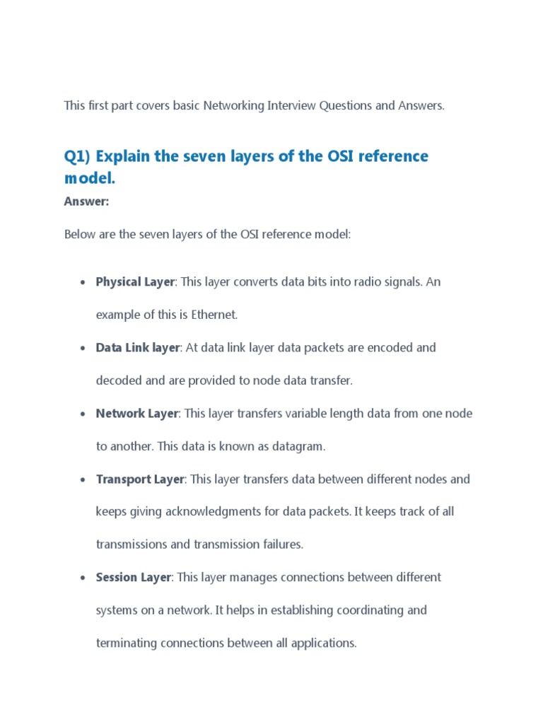 Part 1 Networking Interview Questions (Basic) Q1) Explain The Seven