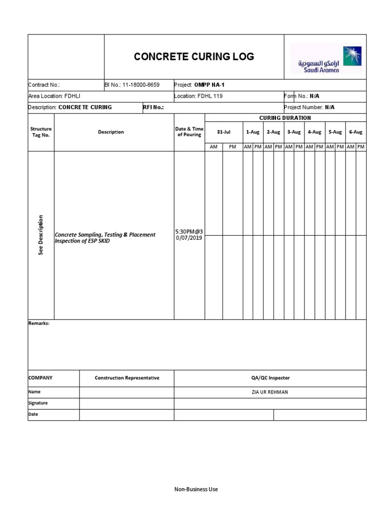 Concrete Curing Log Format | PDF