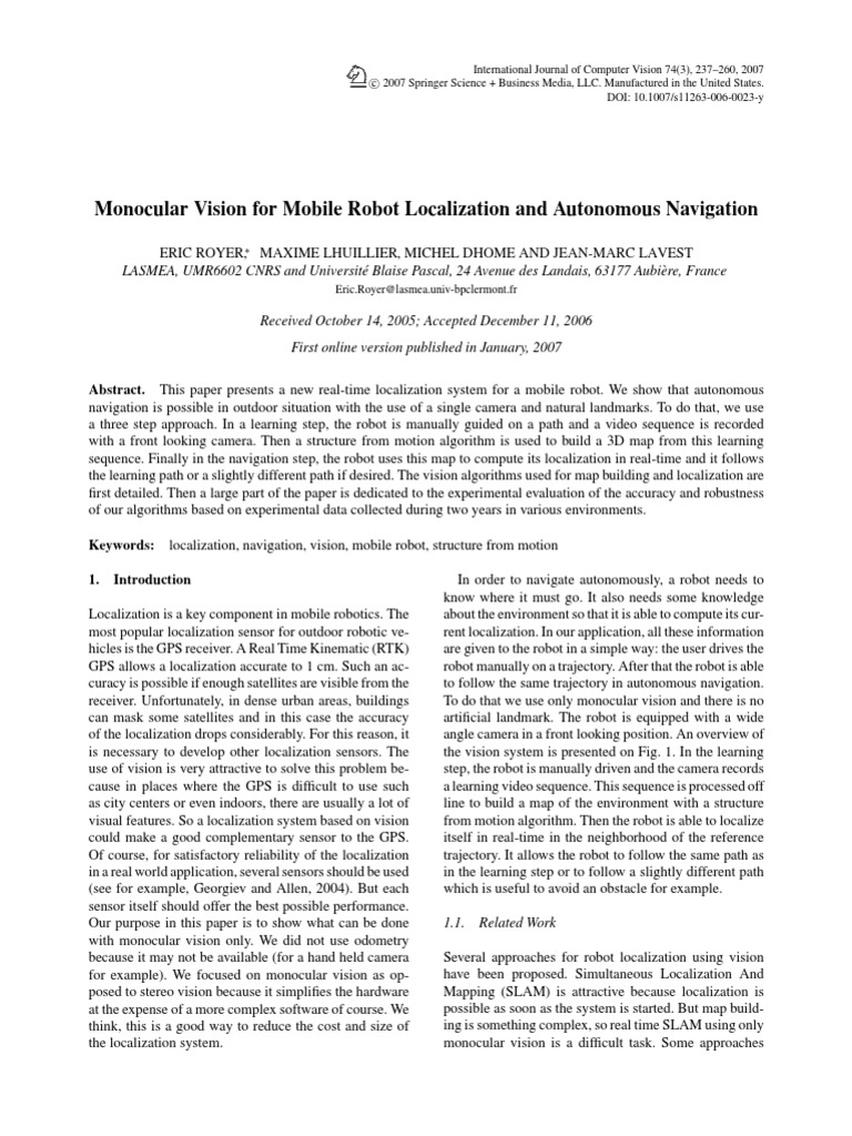 Monocular Vision For Mobile Robot Localization and Autonomous ...