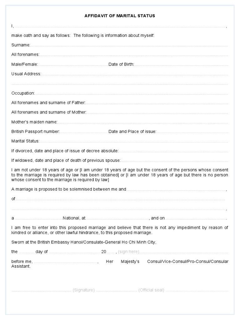 Affidavit of Marital Status (Sign Here) PDF Consul (Representative
