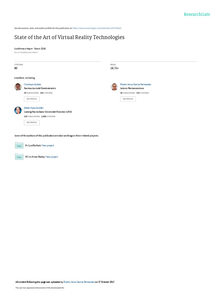 State of The Art of Virtual Reality Technologies: March 2016 | PDF ...