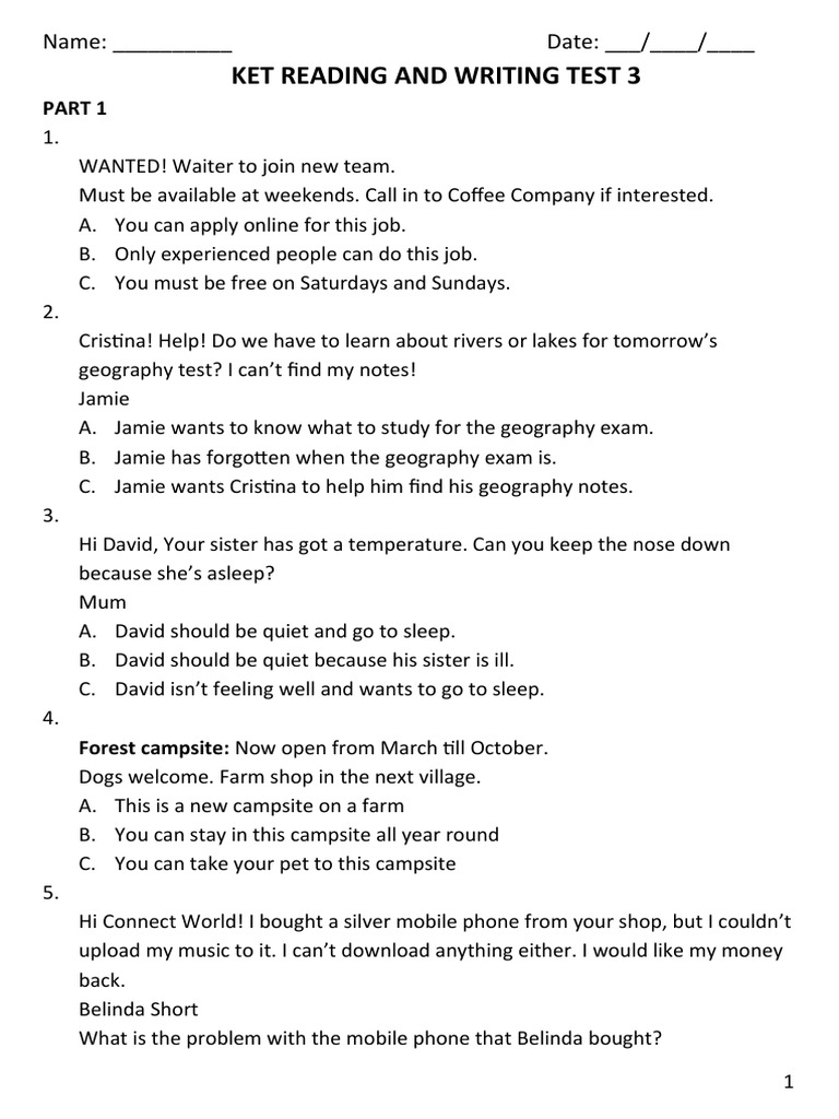 Ket Reading and Writing Test 3 PDF Entertainment (General)