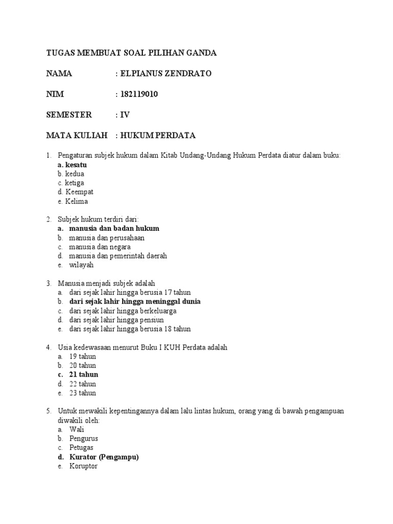 Tugas Membuat Soal Pilihan Ganda Hukum Perdata