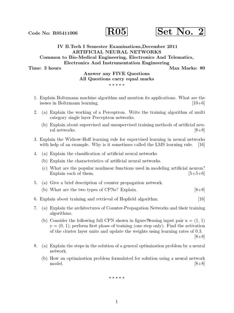 Artificial Neural Networks Exam Questions | PDF | Artificial Neural ...
