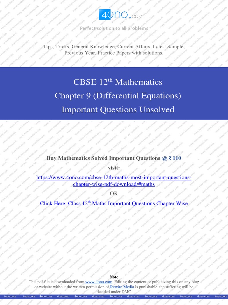 Class 12th Maths Chapter 9 (Differential Equations) Unsolved PDF PDF