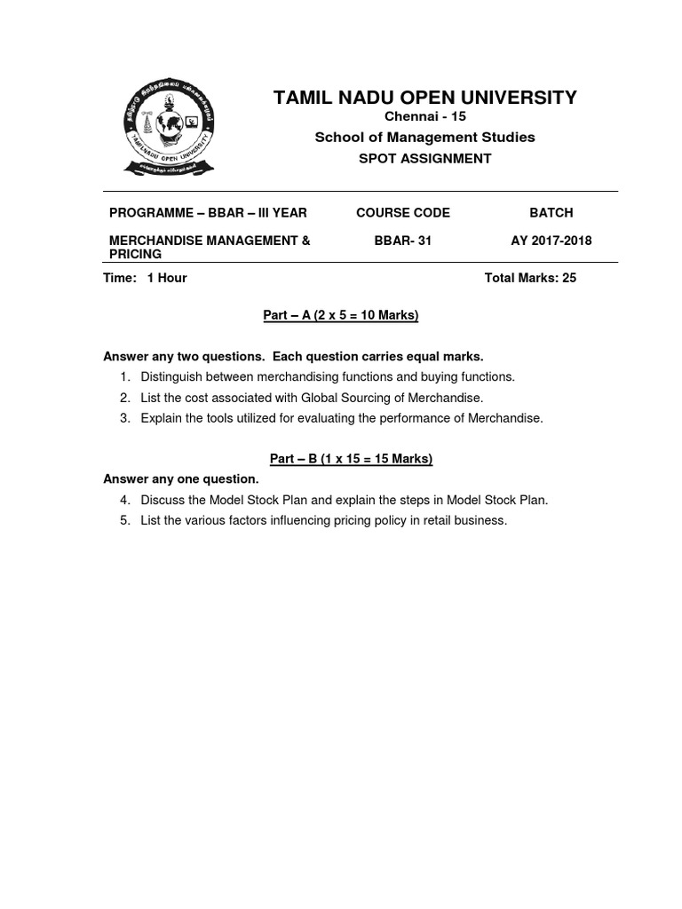 TNOU BBA Spot Assignment Overview | PDF | Merchandising | Retail