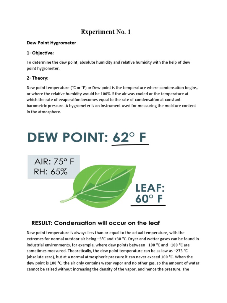 Experiment No. 1 Dew Point Hygrometer 1Objective PDF Water Vapor