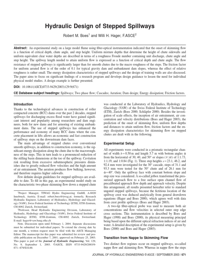 Hydraulic Design of Stepped Spillways - Boes and Hager | PDF | Spillway ...