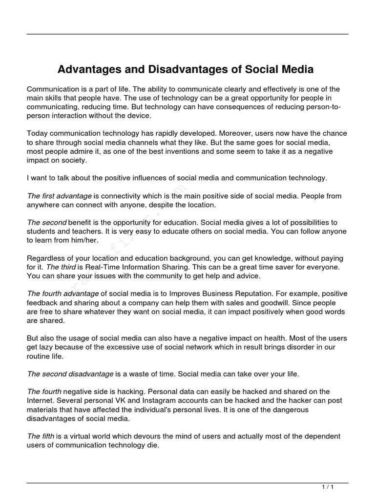 Advantages and Disadvantages of Social Media PDF | PDF | Social Media