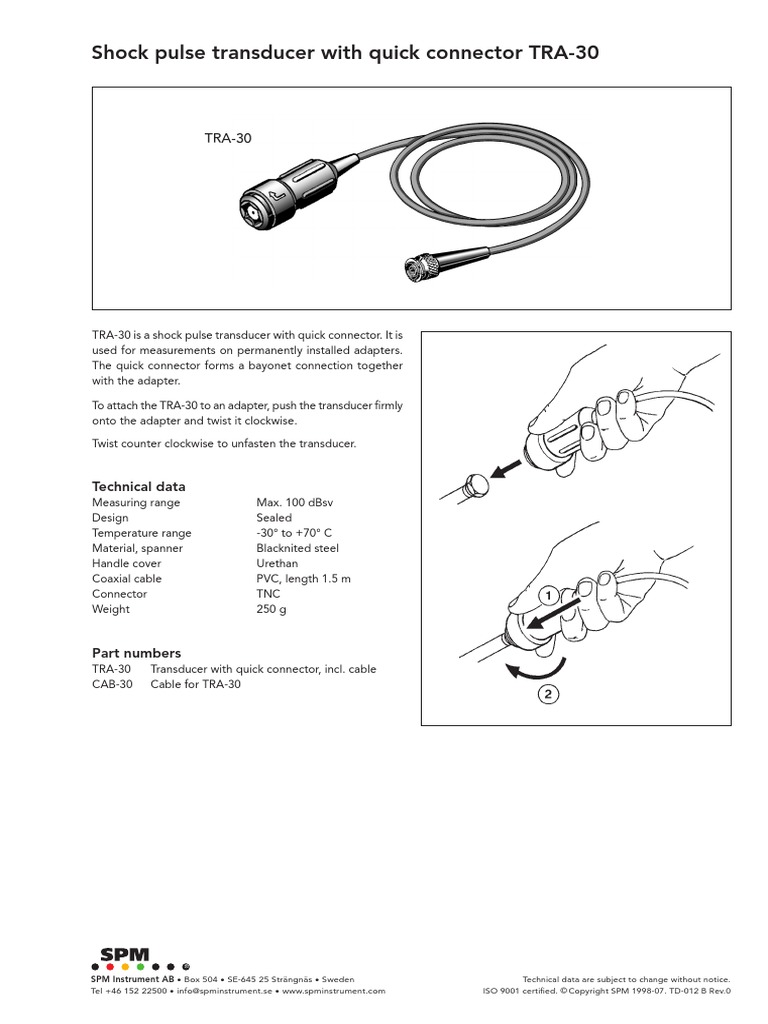Shock Pulse Transducer With Quick Connector TRA-30: Technical Data | PDF