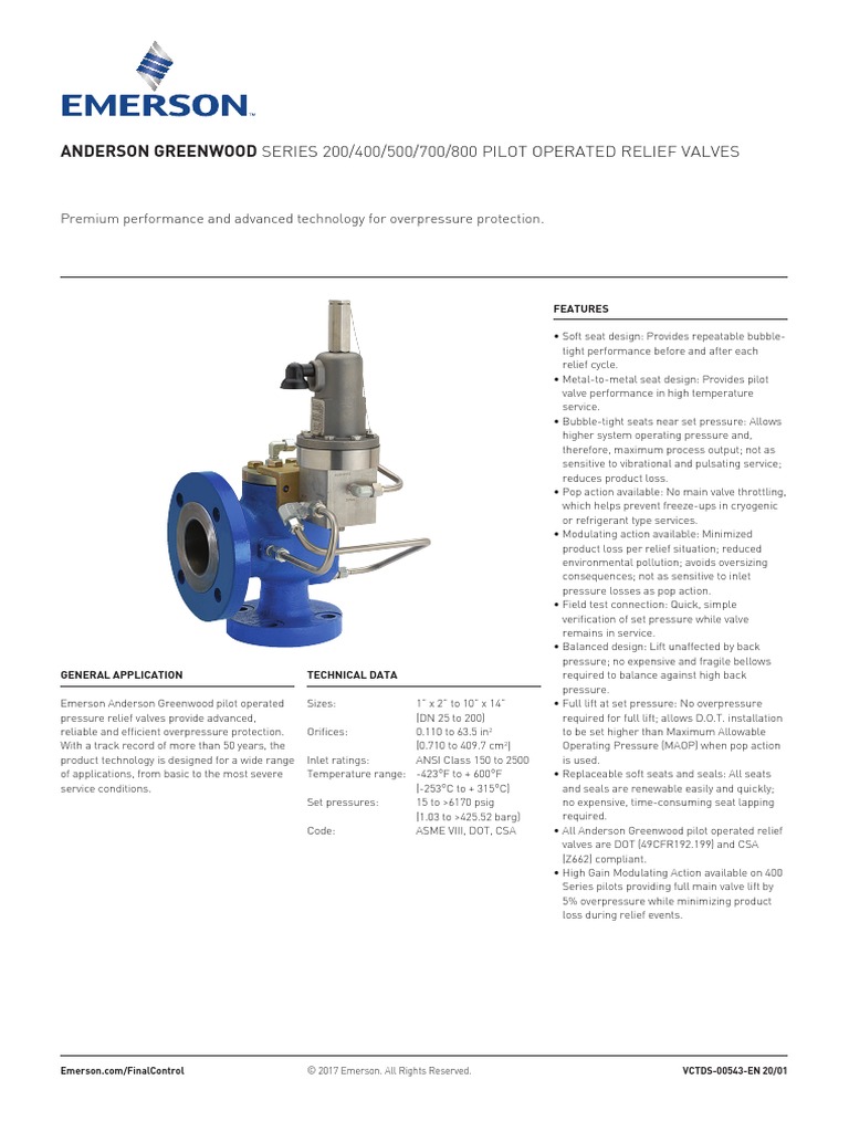 Data Sheets Series 200 400 500 700 800 Pilot Operated Relief Valves ...