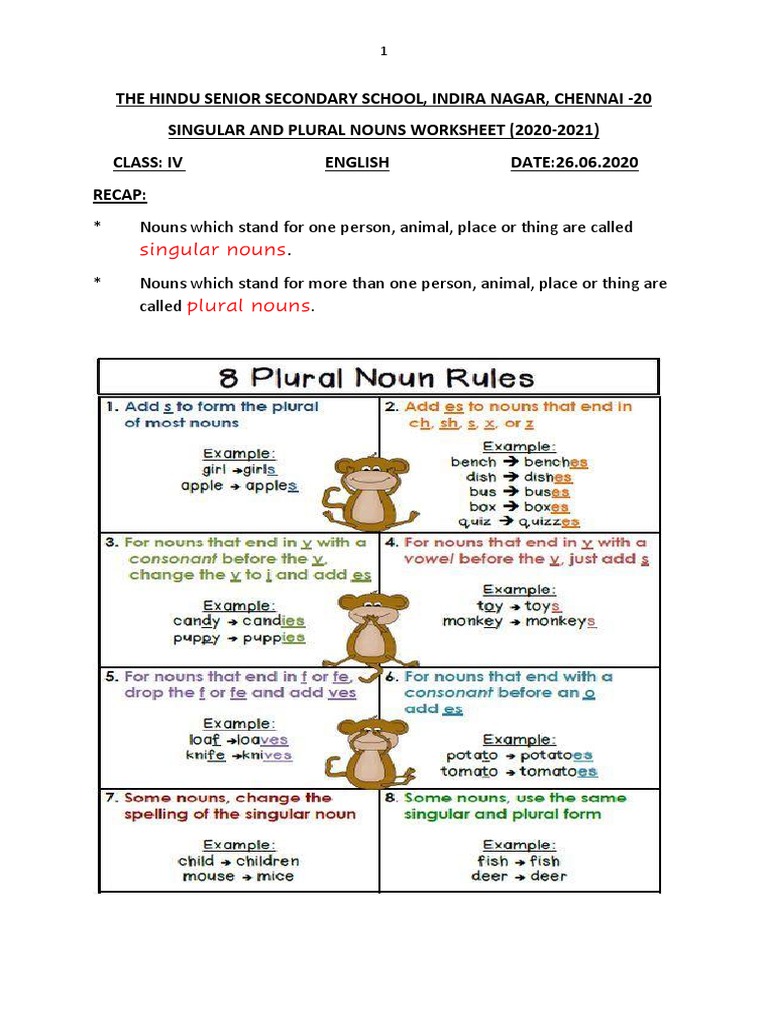 Class 4 - Worksheet - Singular and Plural | PDF | Plural | Grammatical ...