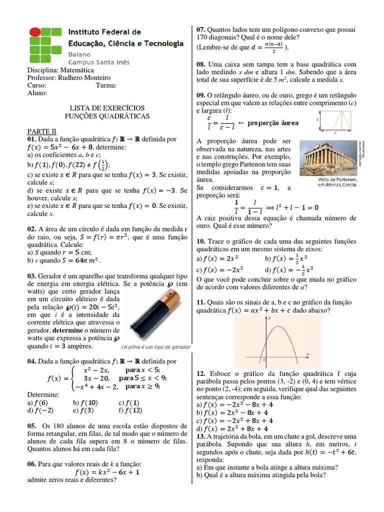 Lista Exercicios Função Quadrática | PDF | Função (Matemática ...