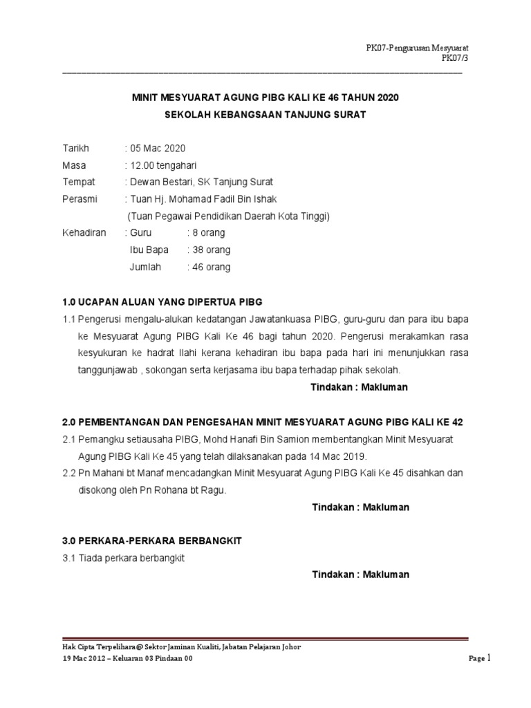 Minit Mesyuarat Agung Pibg Kali Ke 46 Tahun 2020 Pdf
