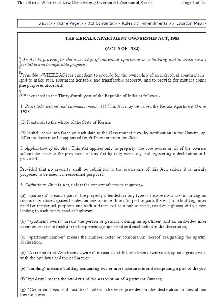 Kerala Apartment Ownership Act PDF Concurrent Estate Ownership