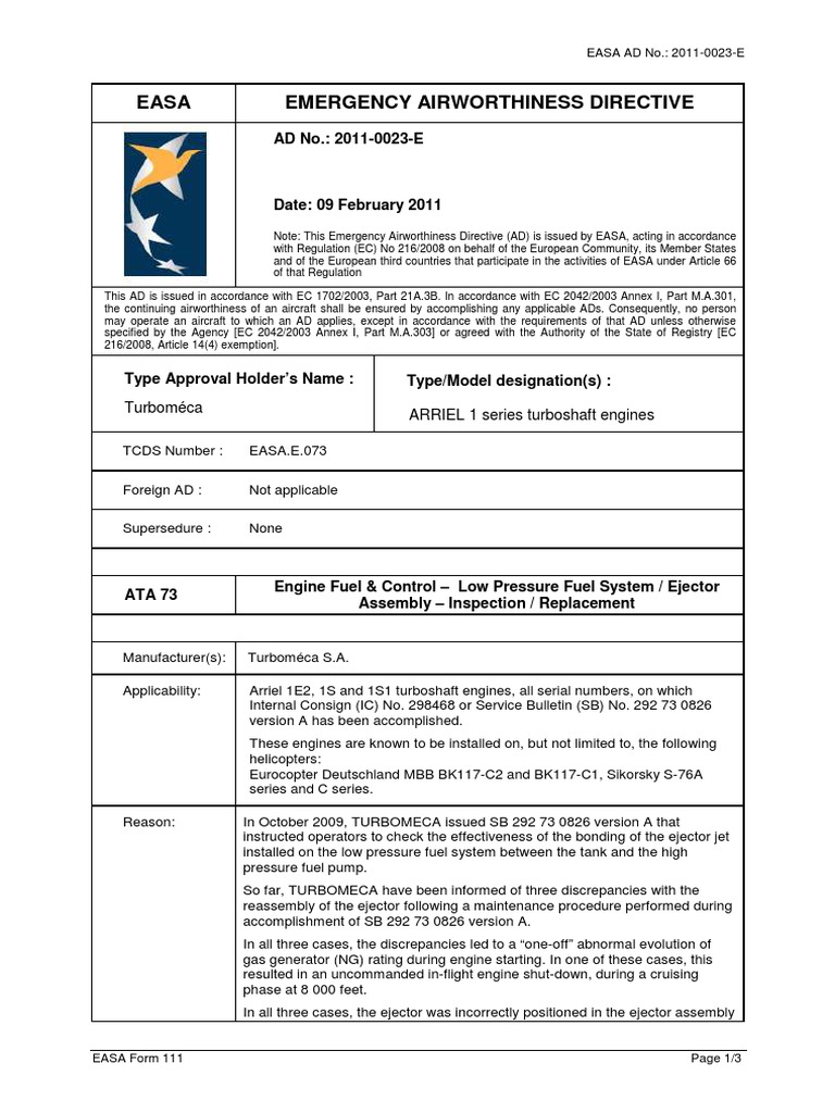 Easa Emergency Airworthiness Directive AD No. 20110023E PDF