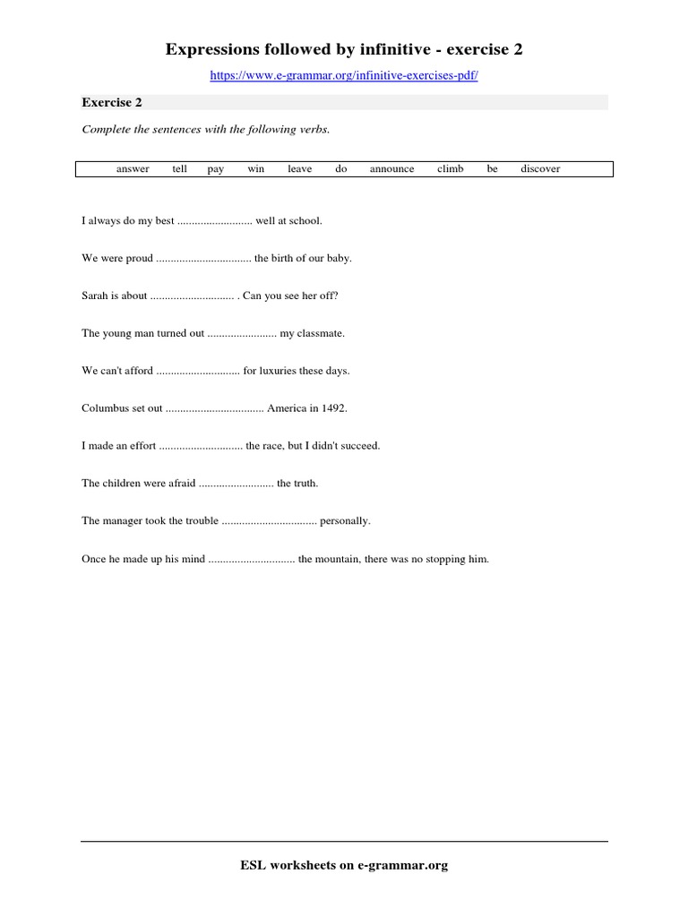 Expressions Followed by Infinitive - Exercise 2 | PDF | Language Arts ...