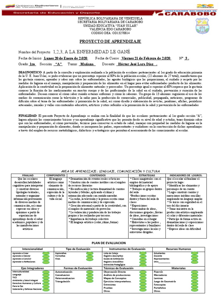 PROYECTO DE APRENDIZAJE 1er GRADO A | PDF | Evaluación | Aprendizaje