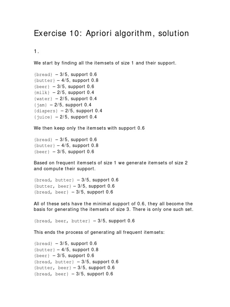 Exercise 10: Apriori Algorithm, Solution | PDF