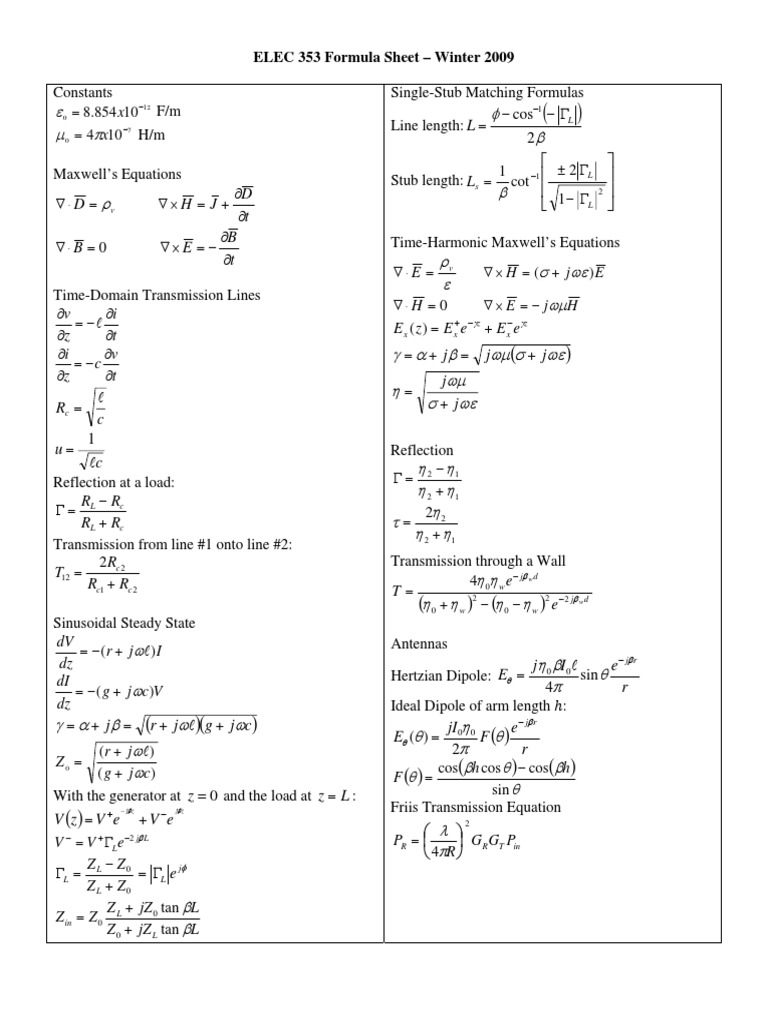 ELEC 353 Formula Sheet - Winter 2009 | PDF | Theoretical Physics | Physics