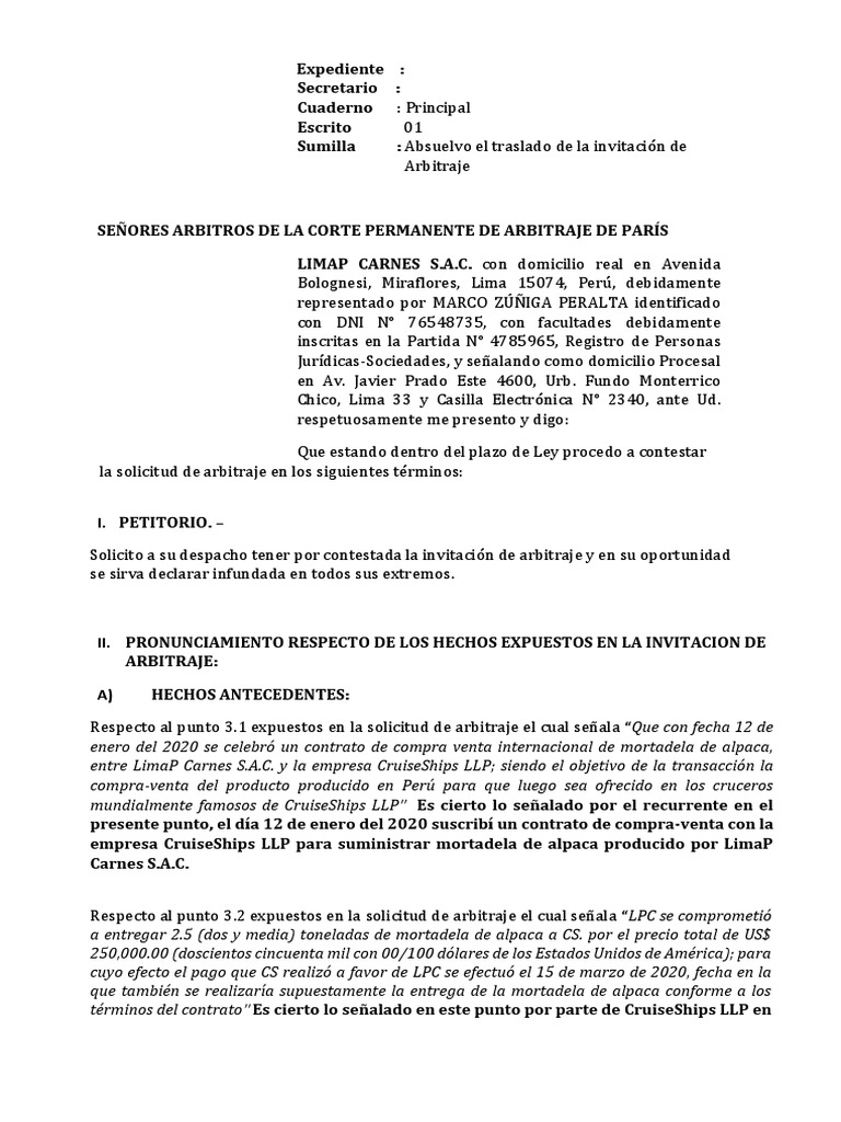 Contestacion de Arbitraje LimaP Carnes SAC PDF | PDF | Causalidad (Ley ...