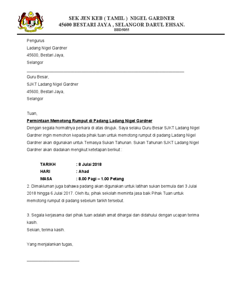 Contoh Surat Memotong Rumput Di Balairaya