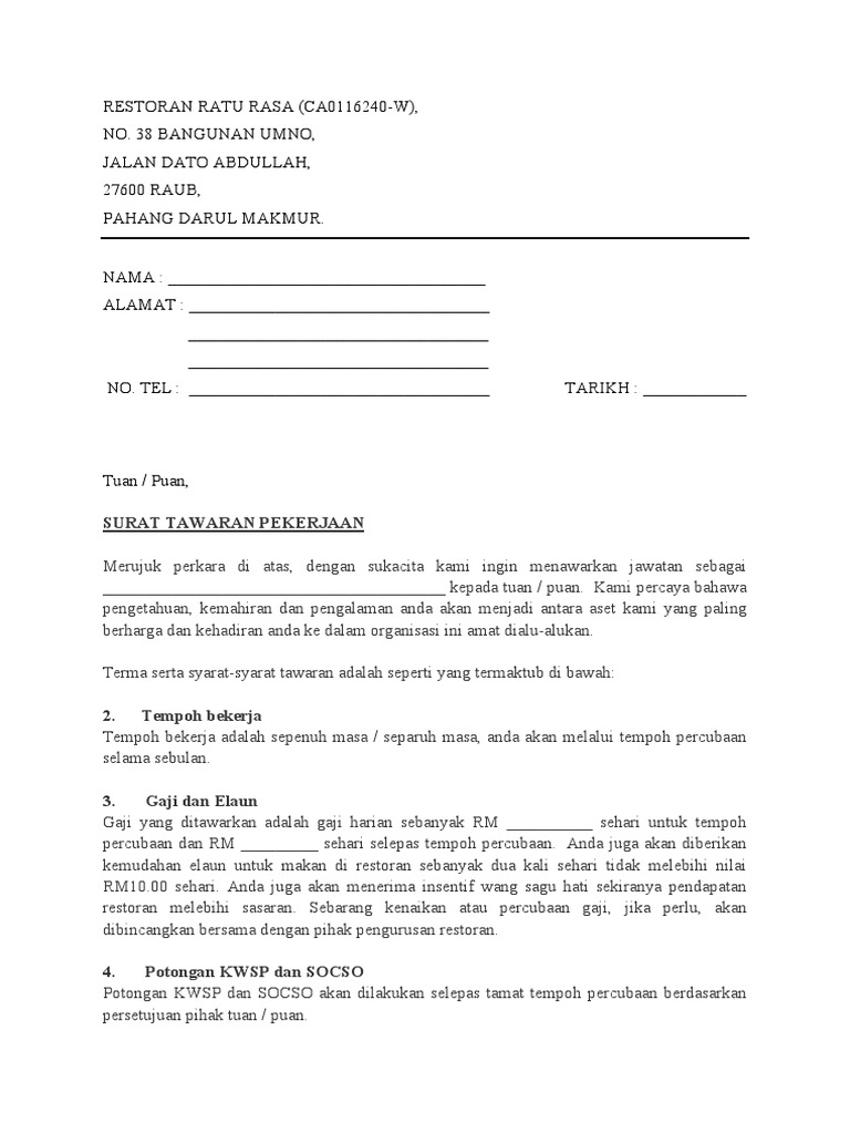 Surat Menerima Tawaran Kerja