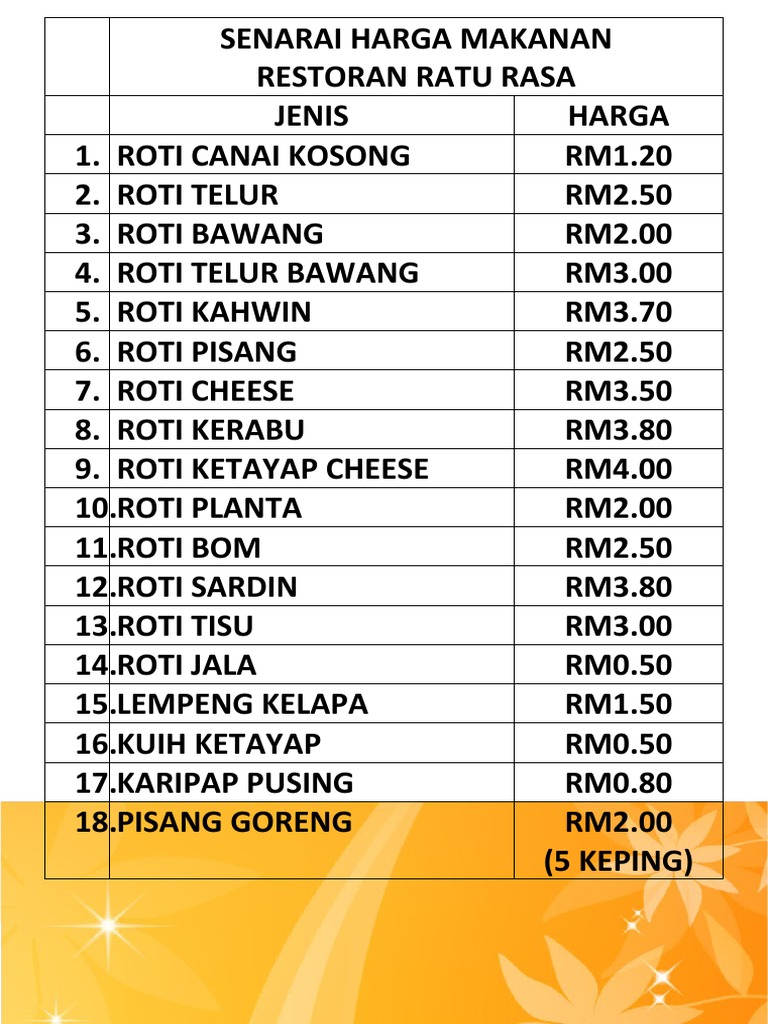 Senarai Harga Roti Canai Kuih Ratu Rasa | PDF