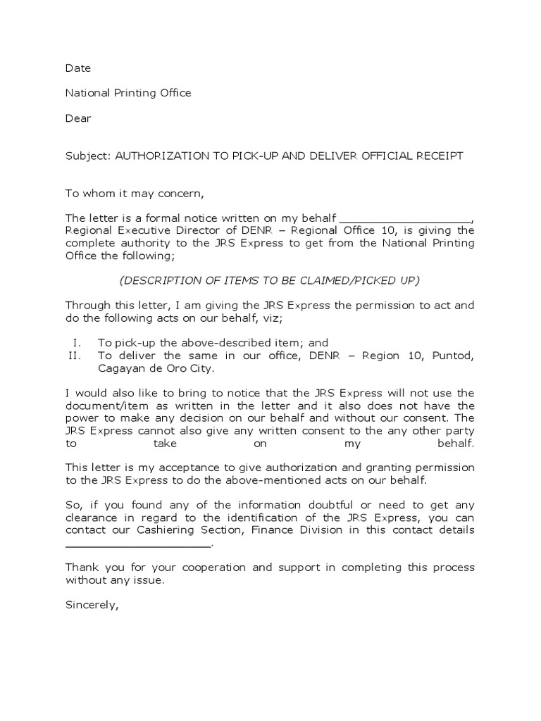 Authorization for JRS Express to Pick Up and Deliver Official Receipt