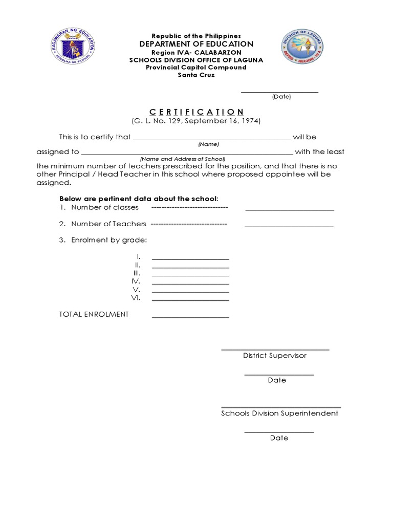 Appointment Certification and School Profile for the Assignment of