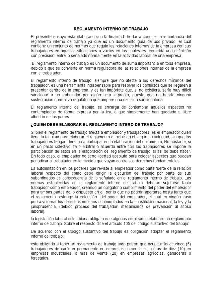 Importancia del Reglamento Interno Laboral | PDF | Derecho laboral ...
