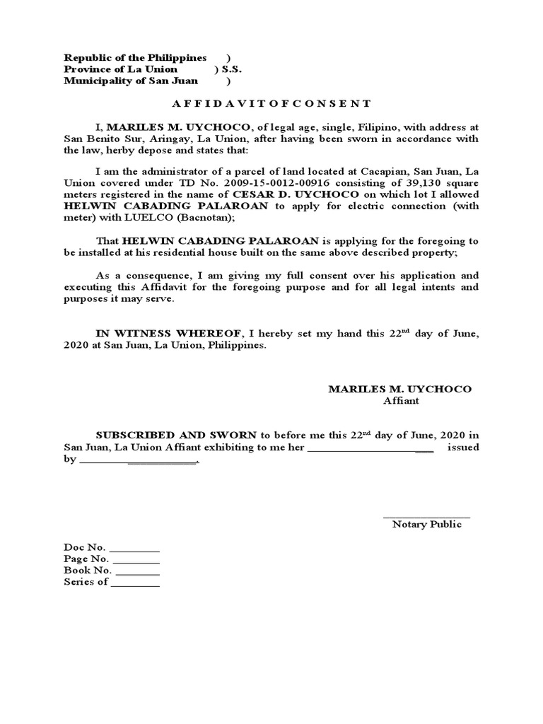 Affidavit of Consent for Electric Connection | PDF | Politics | Social ...
