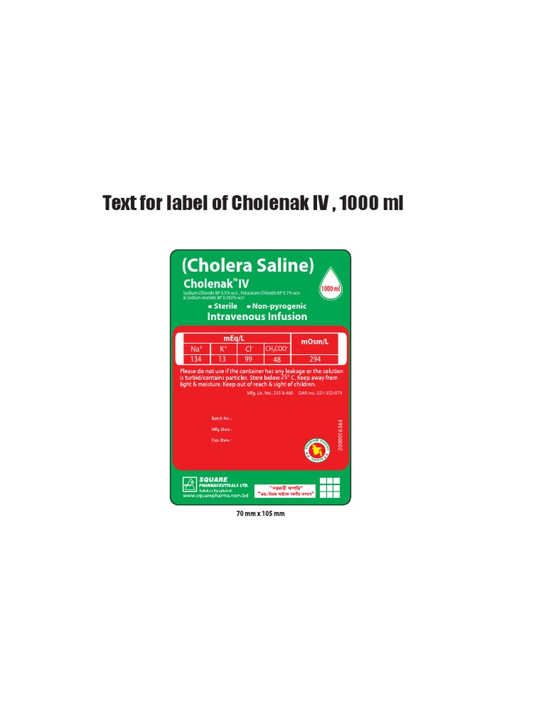 Text For Label of Cholenak IV, 1000 ML: (Cholera Saline) | PDF