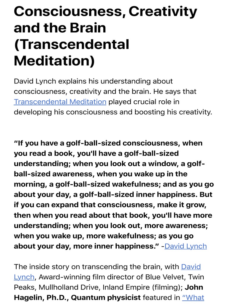 David Lynch on Consciousness & TM | PDF | Metaphysics | Neuropsychology