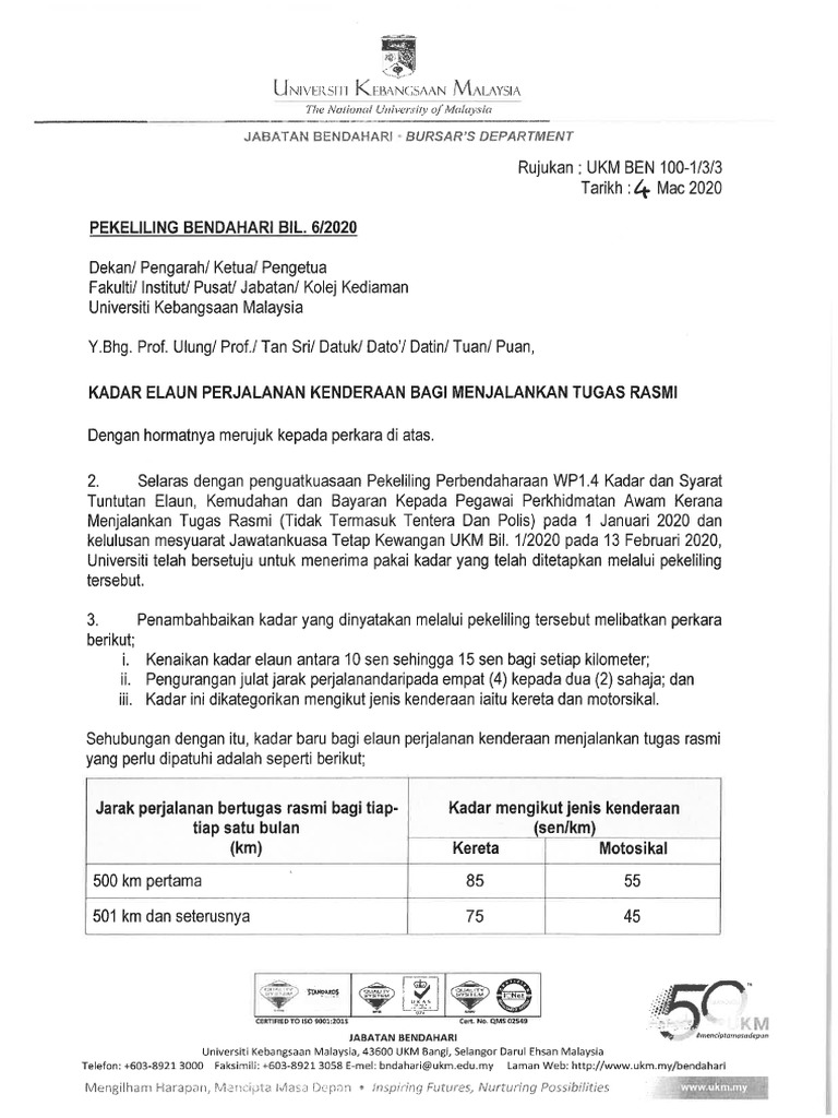 Pekeliling Bendahari Bil. 6 2020 Kadar Elaun Perjalanan Kenderaan Bagi