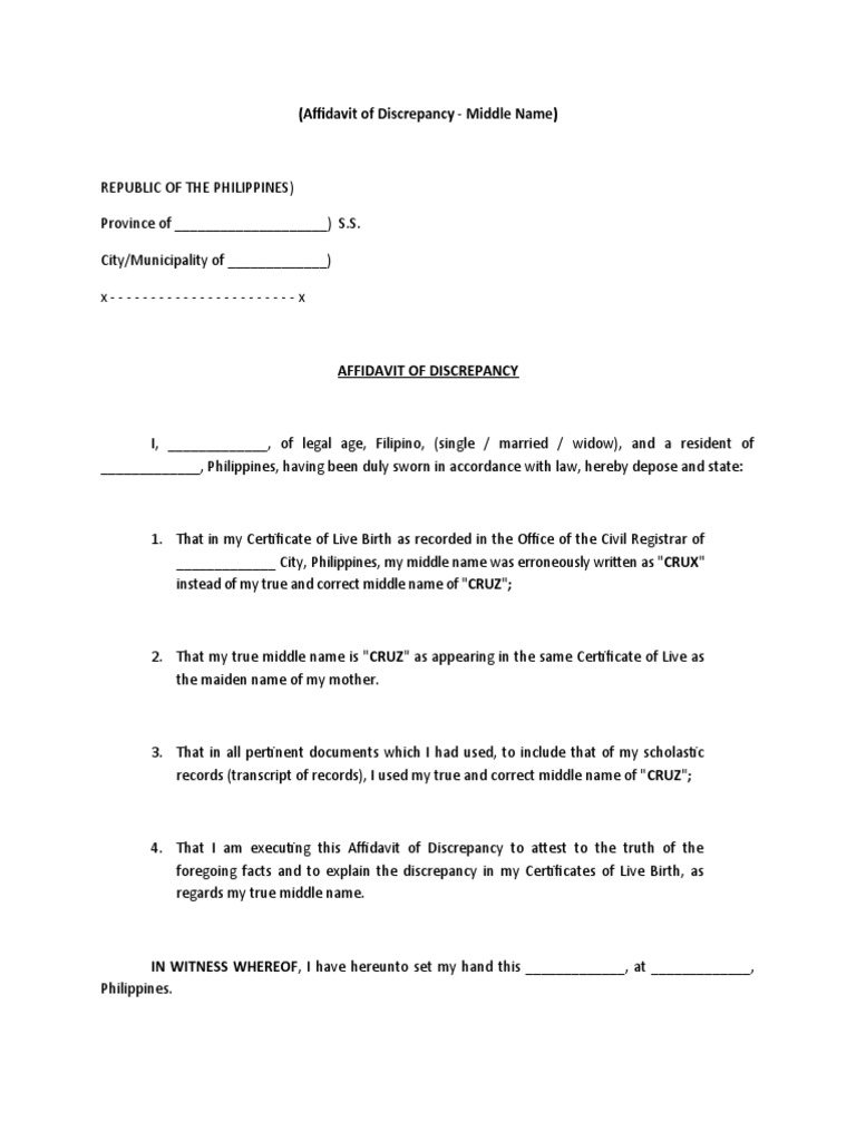 Affidavit Of Middle Name Discrepancy Pdf 