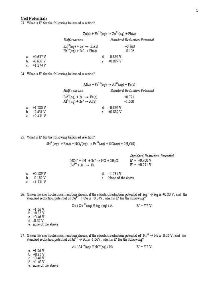 Standard Cell Potentials and Reactions | PDF | Redox | Anode