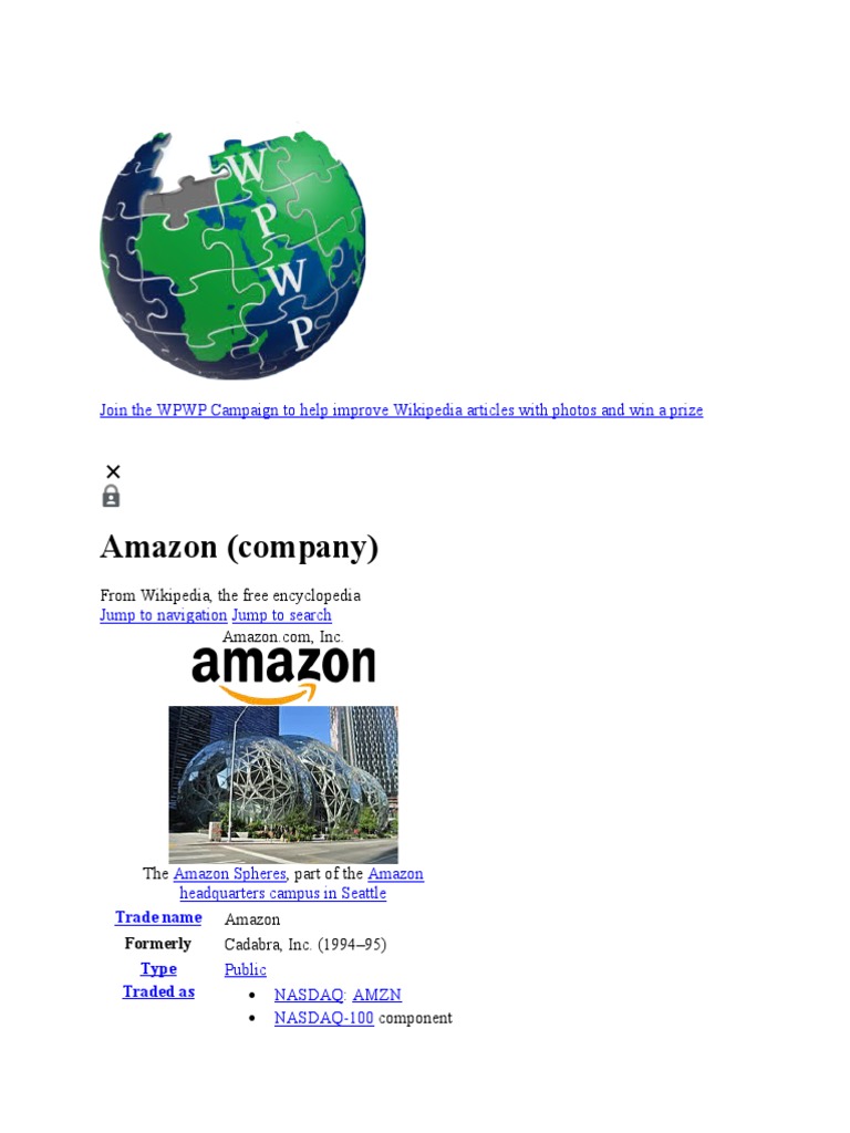 Amazon (Company) : Join The WPWP Campaign To Help Improve Wikipedia  Articles With Photos and Win A Prize | PDF | Business | Internet