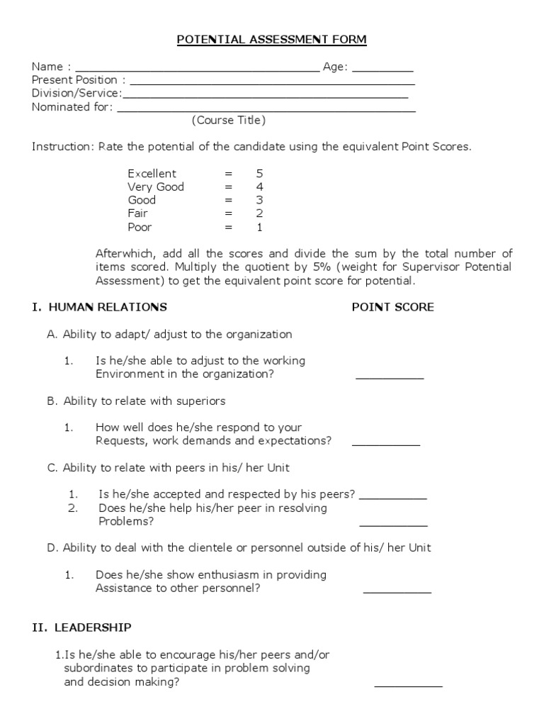 Employee Potential Assessment Form | PDF | Leadership | Behavior ...