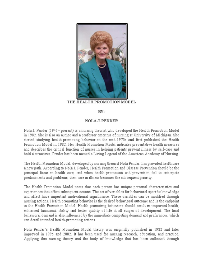 Nola Pender's Health Promotion Model | PDF | Self Efficacy | Behavior