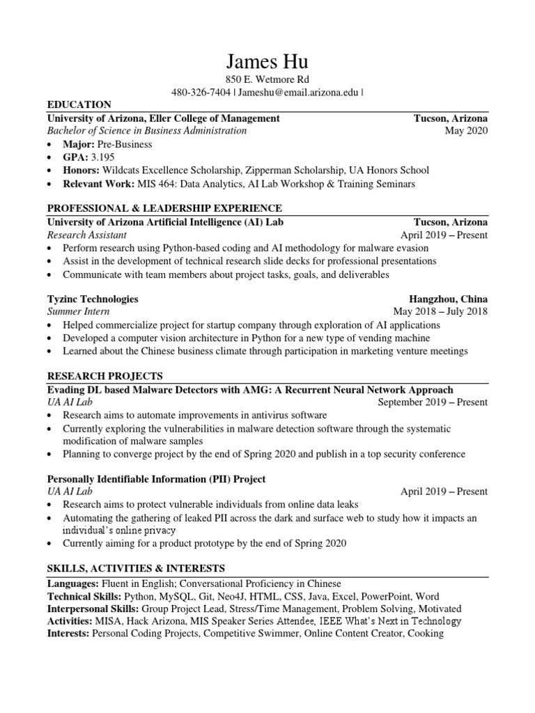 James Hu Eller Resume PDF Artificial Intelligence Intelligence