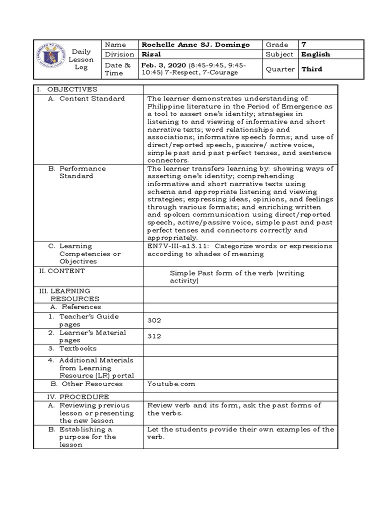 Simple Past Tense Lesson Plan | PDF | Linguistic Typology | Teaching
