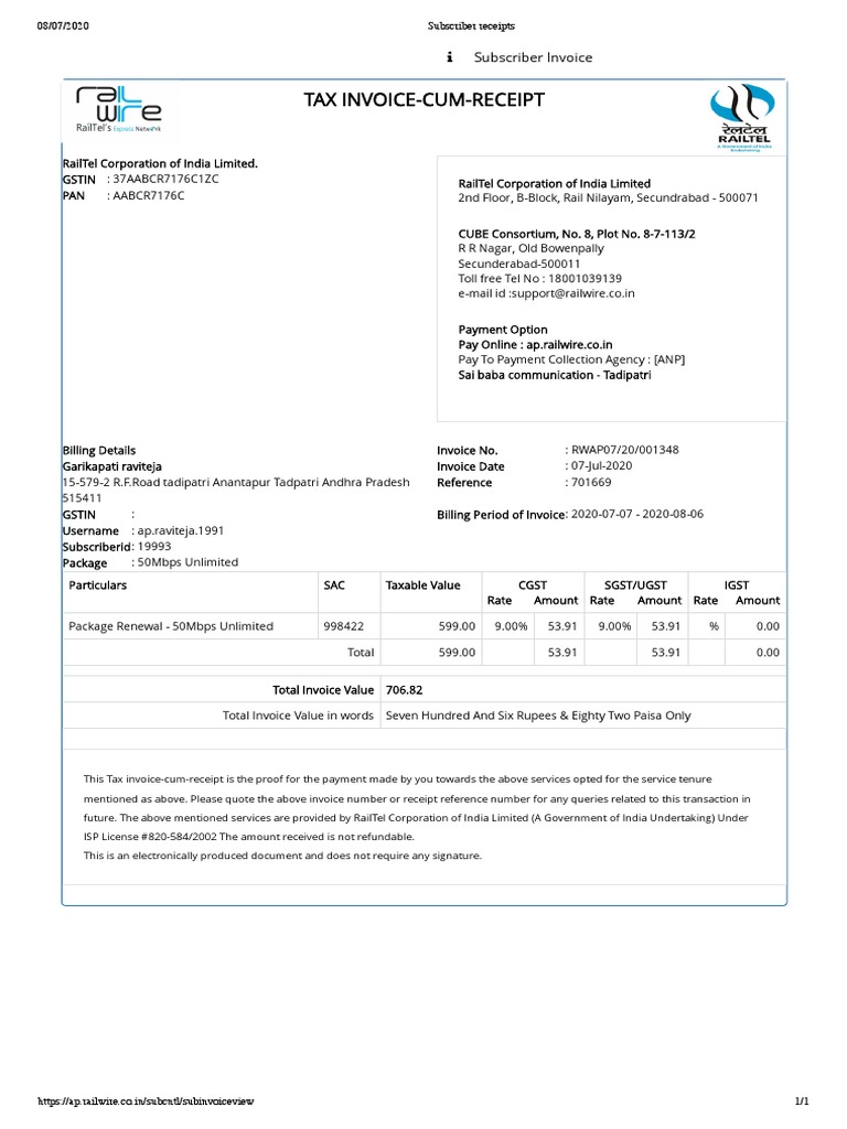 RailTel Tax Invoice-Cum-Receipt | PDF | Receipt | Invoice