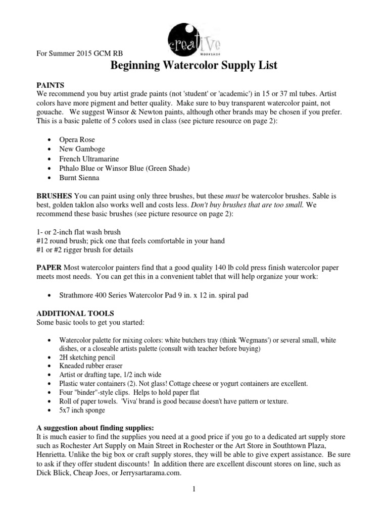 Essential Watercolor Supply List | PDF | Watercolor Painting | Paint