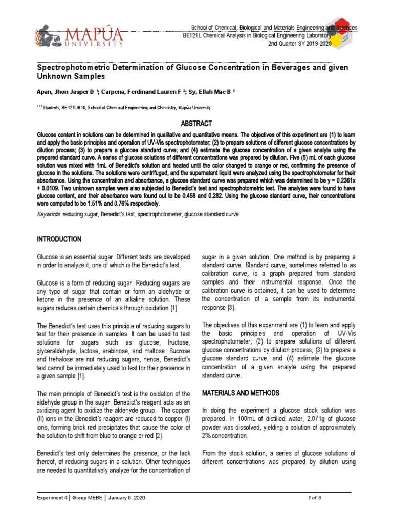 Spectrophotometric Determination of Glucose Concentration in Beverages