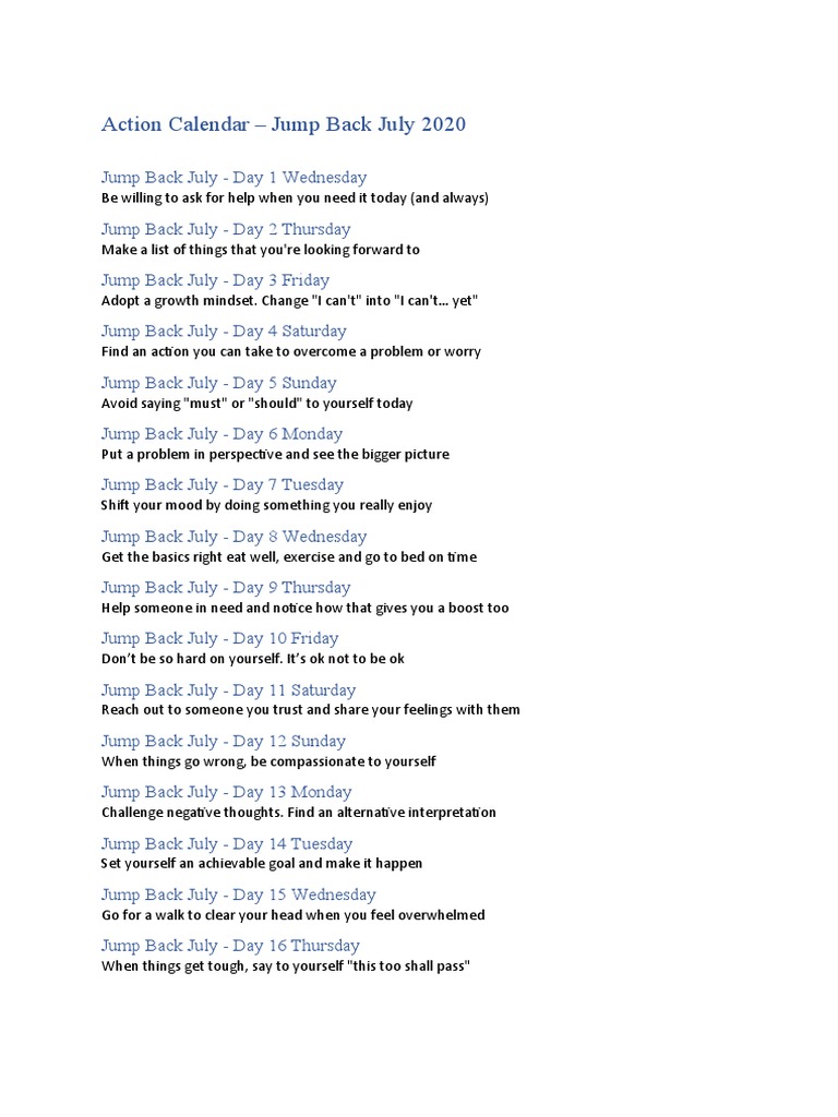 Action Calendar - Jump Back July 2020 | PDF | Psychological Concepts