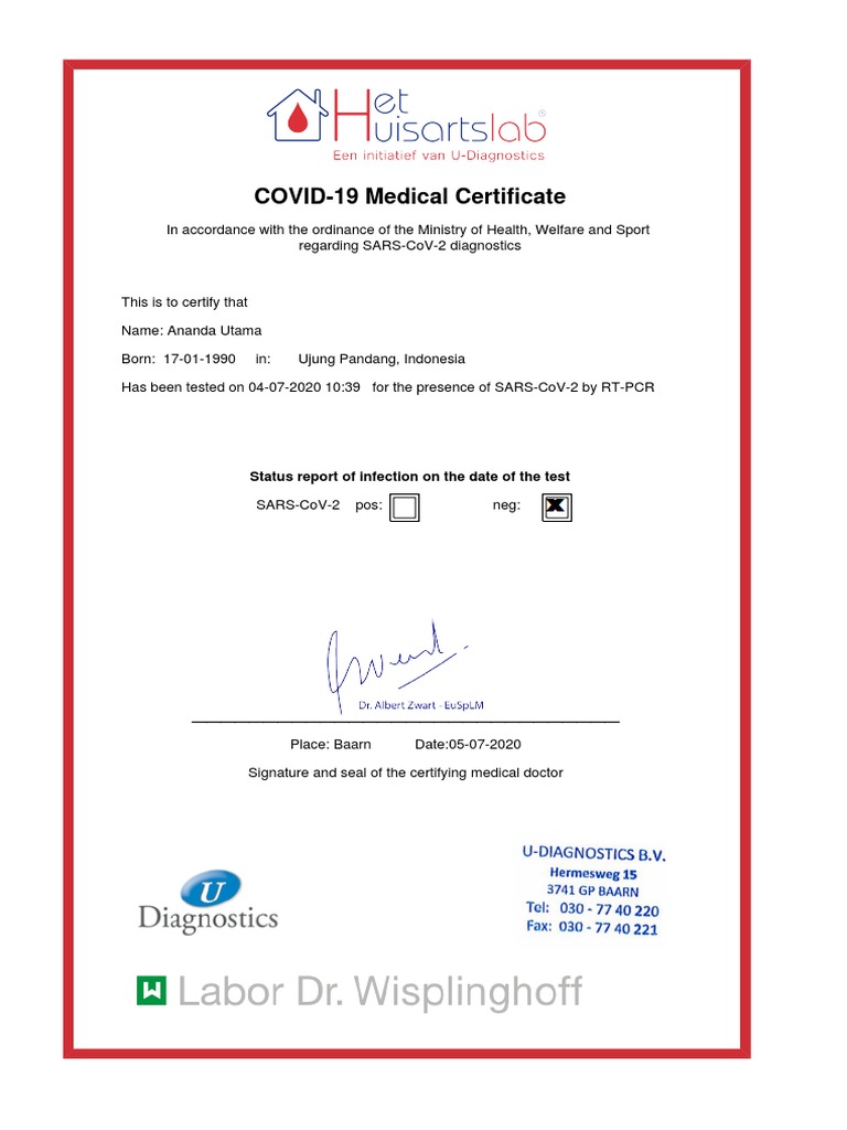 COVID19 Medical Certificate Status Report of Infection On The Date of