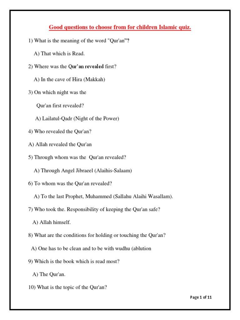 Good Questions To Choose From For Children Islamic Quiz.: Page 1 of 11 ...