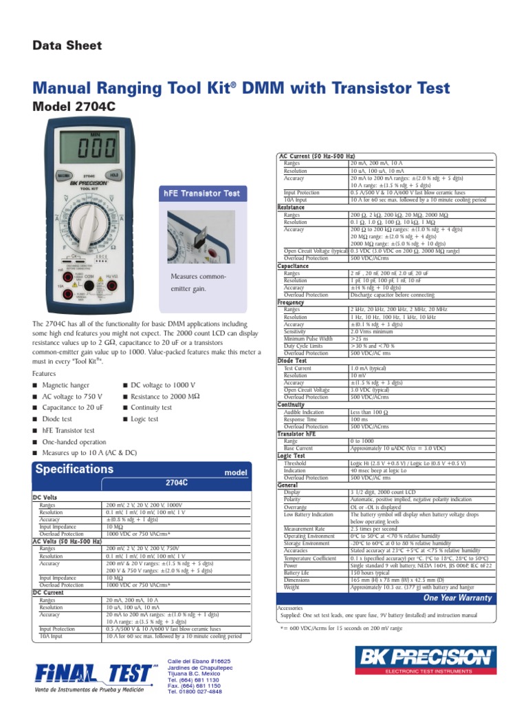 Manual Ranging Tool Kit DMM With Transistor Test Data Sheet PDF
